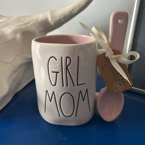 Rae Dunn White and Blush Pale Pink Girl Mom Mug with Ceramic Spoon.